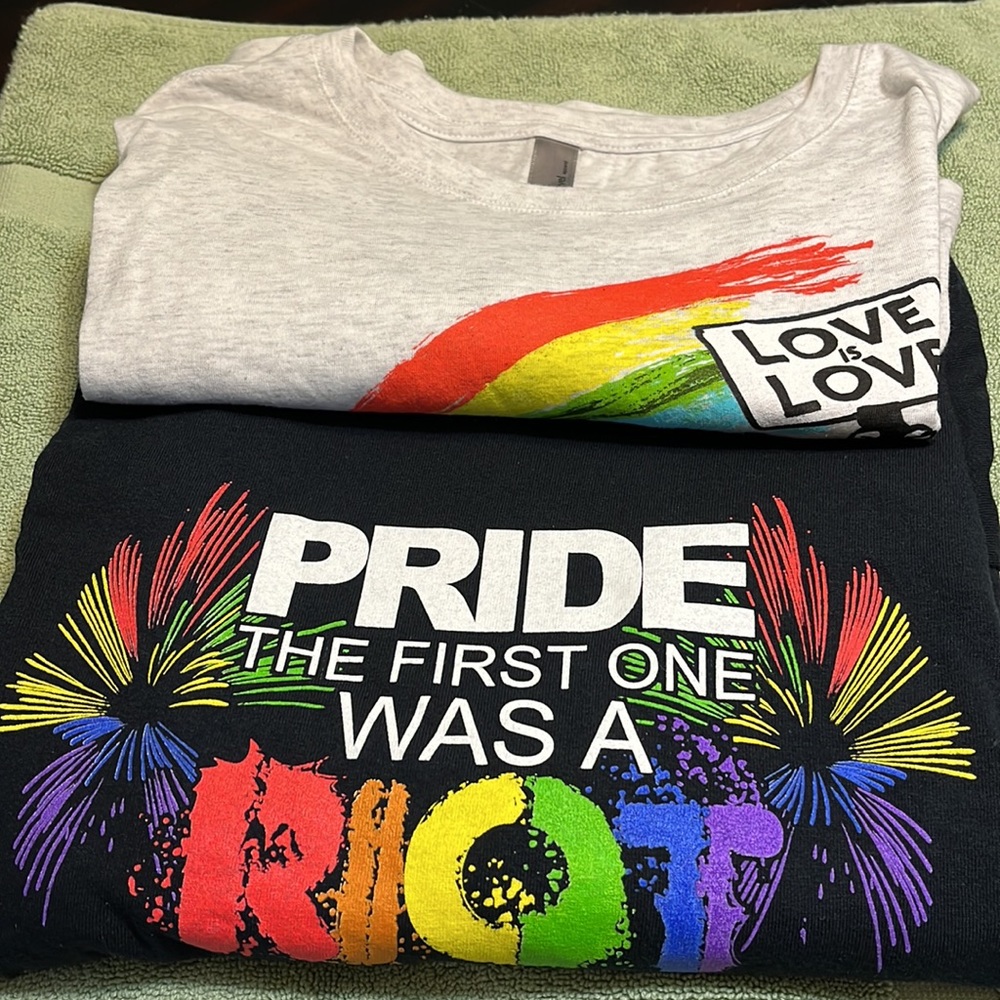 2 Pride tees for $9! Never worn. ‘Love is Love’ tee new with tags. - Picture 1 of 8